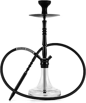 Glass Hookah Complete Set with Everything - Stainless Steel Hookah Down Stem with Diffuser Washable Silicone Hose Rubber Shisha Bowl Metal Charcoal Holder Tongs Purge ready to go, Easy pull