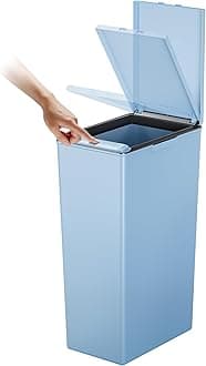 EKO Morandi 40L Kitchen Recycling Bin with Touch-Top Lid, Slim Plastic Rubbish Bin with Recycling Stickers and Easy-Clean Finish, Compact Design for Home or Office, Titanium Blue