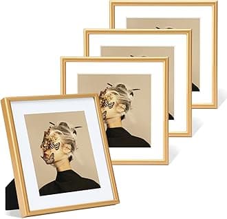 4x4 Picture Frame Set of 4, Matted Gold Simple Modern Brushed Thin Aluminum Metal Square Photo Frame Fits 3x3 with Mat or 4 x 4 without Mat Display For Tabletop or Wall Collage