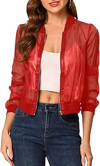 Fisoew Women's Crop Mesh Sheer Bomber Jackets Lightweight Long Sleeve Zip Up Jacket Outwear
