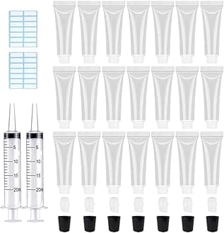 50PCS 10ml Black Lip Gloss Tubes Empty Clear Lip Balm Containers Refillable Soft Cosmetic Squeeze Tubes for Lip Gloss Base Glitter Pigment Powder 2 Syringes + Tag Labels Stickers