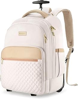 Rolling Backpack For Adults With Wheels, 40L Wheeled Backpack For Women, Travel Roller Backpacks, Carry On Luggage, Rolling Bag, Beige