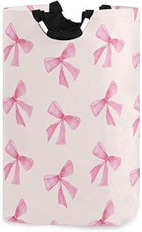 xigua Pink Bow Large Laundry Hamper with Handle, Foldable Clothes Hamper Collapsible Storage Basket for Toys and Clothes Organization in Bedroom, Bathroom, and Laundry Room