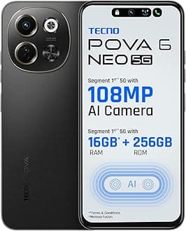 POVA 6 NEO 5G (Midnight Shadow, 8GB+256GB) | Advanced AI Features | 108MP Ultra Clear AI Camera | D6300 Powerful Processor | 5 Year Lag Free Fluency | 5000 mAh Battery | InBuilt Infrared and NFC
