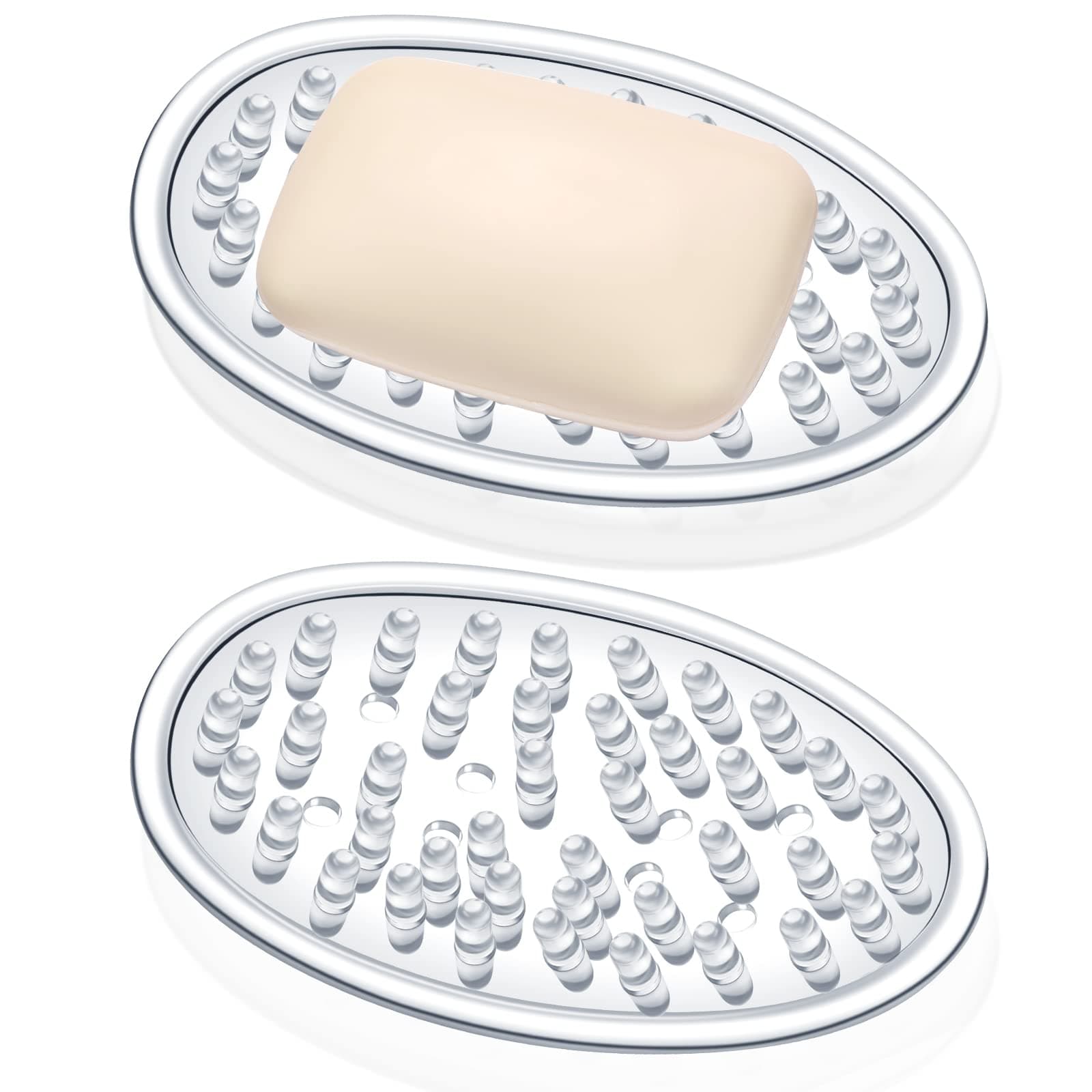 2 Pcs Plastic Soap Holder Soap Dish Bar Saver Tray with Holes Sponge Holder for Kitchen Bathroom Shower Counter, 4.5 x 3 x 0.7 Inches (Clear)