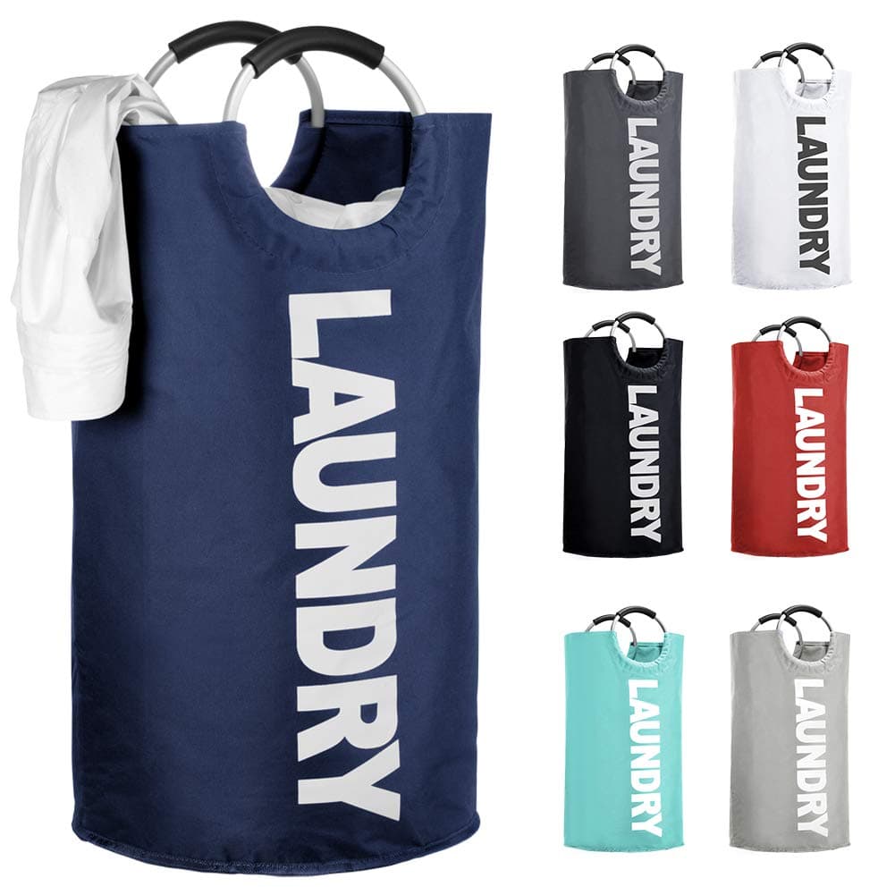 IHOMAGIC Large Laundry Basket Collapsible, Fabric Laundry Hamper, Foldable Laundry Bag with Handles, Portable Washing Bin, Folding Clothes Bag for Dorm Travel Bathroom or Bedroom, 80-85L (Navy Blue)