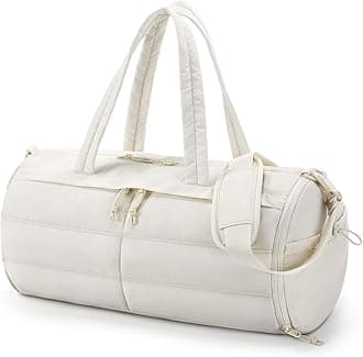 Puffer Gym Bag for Women, Lightweight Duffel Bag with Shoe Compartment, Weekender Bags with Wet Pocket, Workout Overnight Carry on Bag for Travel, Beige, 19.69 × 10.24 × 10.24 inches