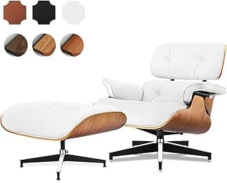 Top Grain Leather, Mid Century Chaise Lounge Chair and Ottoman, Modern Chair Classic Design, Heavy Duty Base Support for Living Room Study Lounge Office, Walnut-White, Heightening