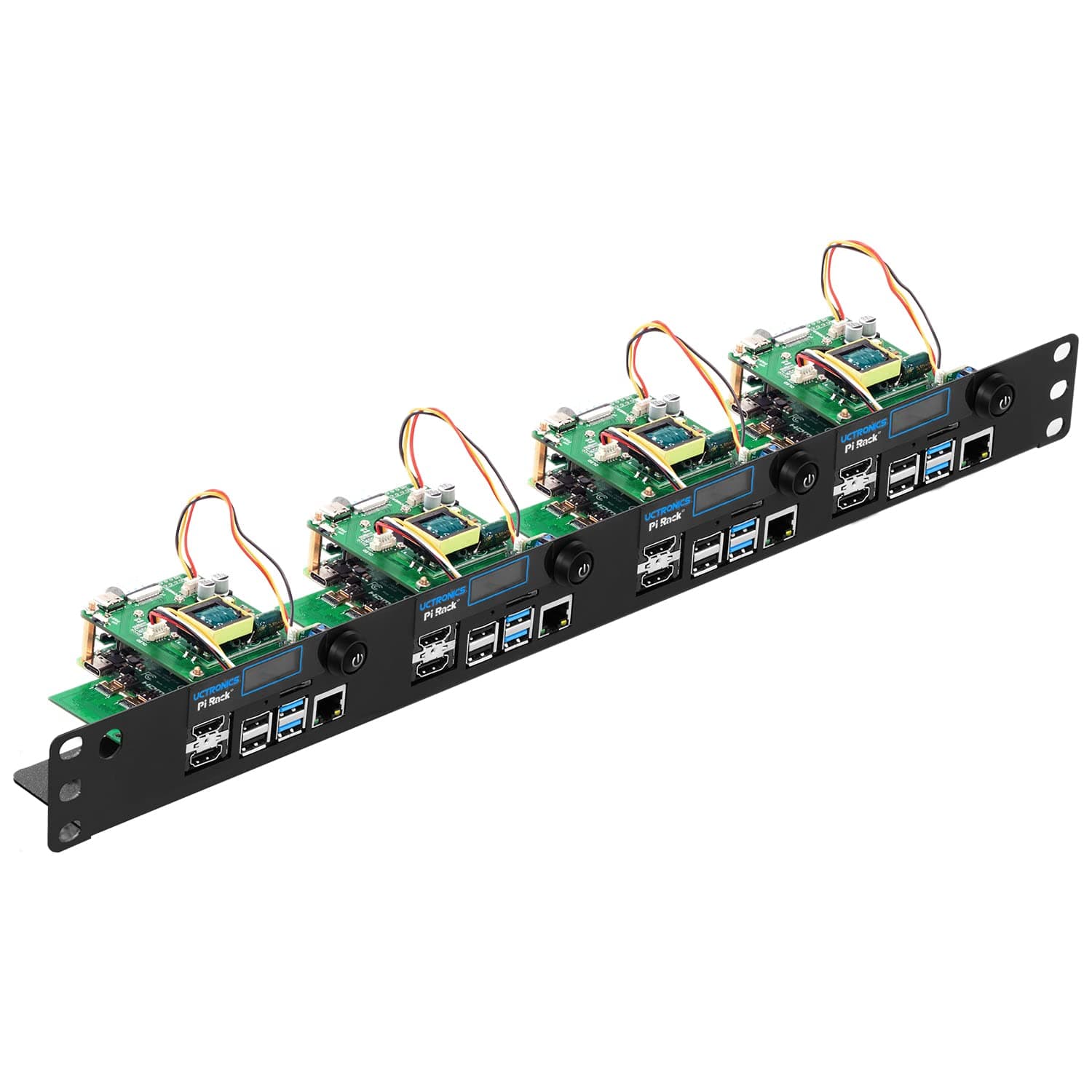 UCTRONICS Ultimate Rack with PoE Functionality for Raspberry Pi 4, 19" 1U Rackmount with PoE HAT, All IO on One Side, OLED Display, Power Switch, and Cooling Fan
