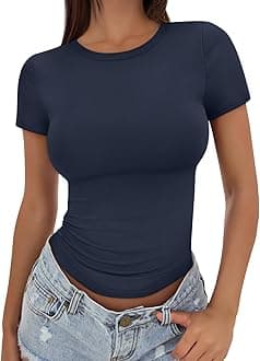 Womens Stretchy Soft Opaque Basic T Shirts - Slim Fit Short Sleeve Y2k Cute Summer Crop Workout Tops