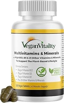 Vegan Vitality Multivitamins & Minerals with High Strength Vitamin B12, D3 & K2. 180 Multivitamin Tablets - 6 Months Supply. Multivitamin Tablets for Women and Mens Multivitamin. Suitable for Vegans