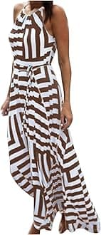 Women's Halter Neck Striped Maxi Dress Sleeveless High Waist Sundress Summer Beach Casual Long Dresses