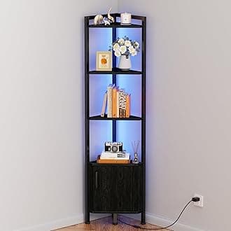 Furnulem Corner Shelf,5-Tier Corner Cabinet with Storage and LED Light, 62.8” Standing Display Bookshelf for Bedroom, Living Room, Kitchen, Wood Display Shelf (Black Oak) | with Storage, LED Light, for Bedroom, Living Room, Kitchen
