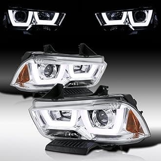 Autozensation Compatible with 2011-2014 Dodge Charger, Left + Right Pair Headlamps Assembly, Dual Halo LED Chrome Projector Headlights