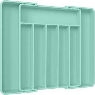 Aujen Silverware Organizer - Expandable Kitchen Drawer Organizer, Adjustable Utensil Organizer, Cutlery Tray for Forks, Knives, Multipurpose Kitchen Organizers and Storage Solution, Green, Large