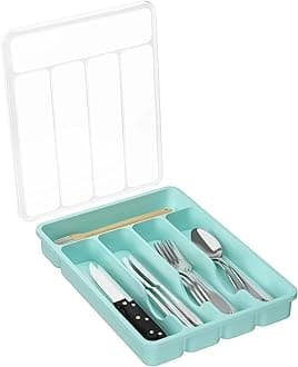 Lifewit Silverware Organizer with Lid, Covered Utensil Tray for Kitchen Drawer and Countertop, Plastic Cutlery and Flatware Storage Box for Spoons Forks Knives Holder Case, 5 Compartments, Turquoise