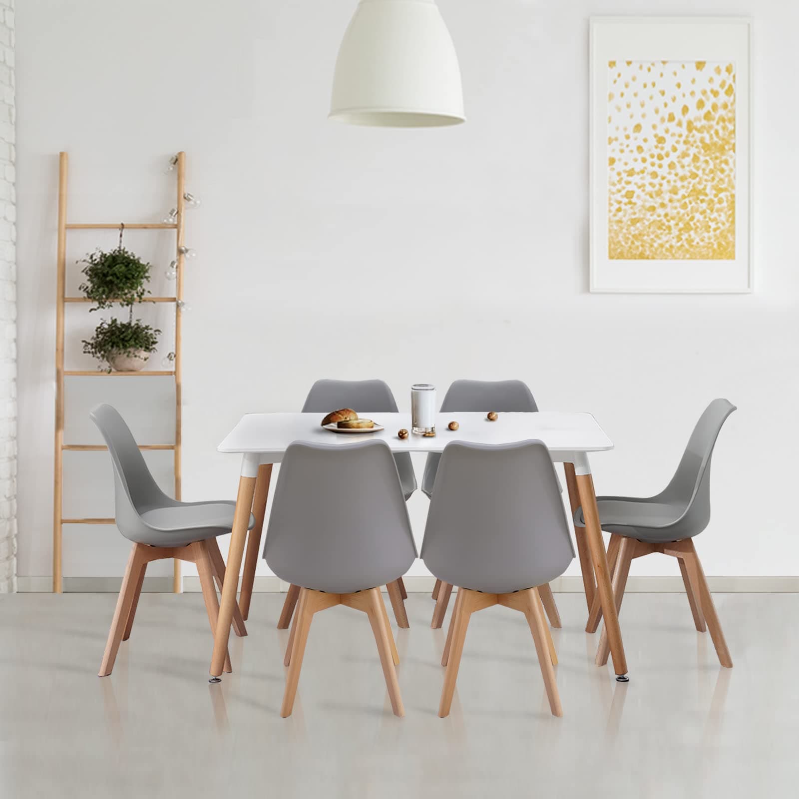 White Dining Table and Chairs Set 6,120cm Rectangular Kitchen Table Modern PU Padded Seat Dining Chairs with Wood Legs, Contemporary Compact Dining Room Set (Grey)