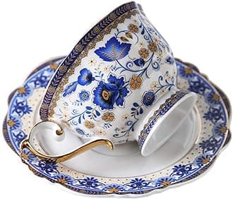 Fine Bone China British Coffee Cup and Saucer Set, Blue Floral Vintage Porcelain Tea Cup, 200ml