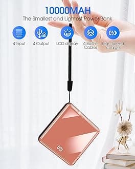 Power Bank with Built in Cables, 10000mAh Slim Portable Charger LED Display, Small External Battery Pack with 4 Inputs and 5 Outputs Phone Charger for iPhone Samsung Huawei iPad etc (Rose)