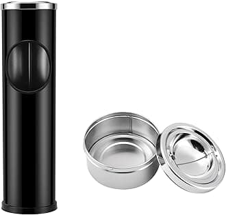 Anfrere Standing Ashtray Outdoor for Patio, Large & Tall Outside Ash Tray for Cigarette Butt Receptacle Disposal, Commercial Metal Smokers Cigar Ash Tray Container with Lid and Trash Can, D01BK