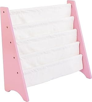 Humble Crew 4-Tier Kids Bookshelf, Pink/White - Premium Book Shelf for Kids Rooms with Four Deep Pockets - Toddler Sling Book Rack with Deep Sleeves, Nursery Bookcase Organize