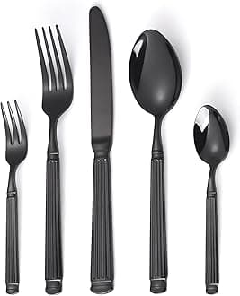 Black Unique Hammered Silverware Set Gorgeous Retro 20-Piece Stainless Steel Roman Column Flatware Set for 4, Food-Grade Tableware Cutlery Set,Utensil Sets for Home Restaurant, Mirror Finis