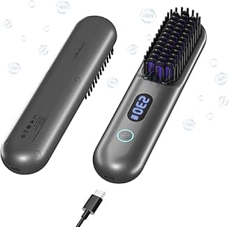 Cordless Hair Straightener Brush-Portable Straightening Comb, 9600mAh Batt, Plasma Tech, 9 Temp-Settings & LED Display, for Travel & Home (Metallic Grey)
