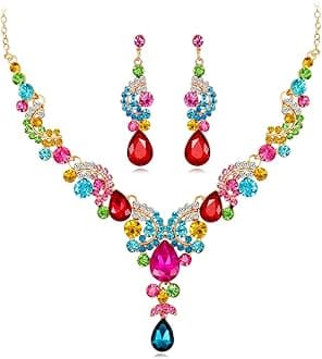 YAZILIND Wedding Bridal CZ Jewellery Set Water-Drop Tear-Drop Rhinestone Pendant Necklace Bride Drop Dangle Earrings(Colour)