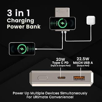 Portronics Luxcell MagClick 10k 10000 mAh 15W Magnetic Wireless Fast Charging Nano Power Bank Premium Finish, 22.5 Wired Output Compatible with iPhone 12 & Above,Type C Smartphones,Tablets(Beige)