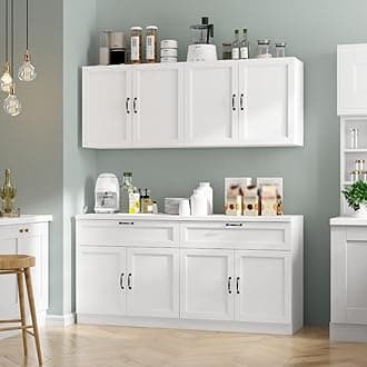 FAMAPY Wall-Mounted Kitchen Pantry Kitchen Storage Cabinet, Pantry Cabinet with Drawers & Doors, Black Handles, Wall Cabinet for Kitchen White