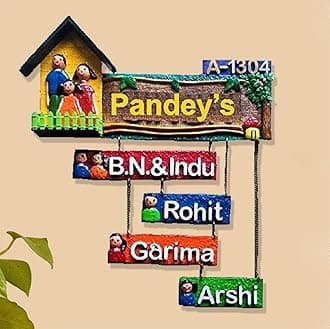 Karigaari India Handcrafted Wooden Family Name Plate for Home Entrance Wall Hanging Custom Personalized Multicolor Decorative Nameplate for Main Door Housewarming Gift Outdoor Indoor Decor