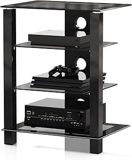 FITUEYES 4-Tier AV Media Cabinet Stand Component Cabinet, Gaming TV Stand and Stereo Rack Audio Tower with Height Adjustable Tempered Glass Shelves, AS406003GB