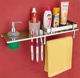 GOSAI Stainless Steel Bathroom Shelf with Soap Dispenser | Toothbrush Holder and Towel Ring Multipurpose Wall Shelves 18x5 inch
