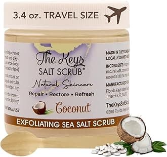 The Keys Salt Scrub -Sea Salt Scrub - Exfoliating Body Scrub with Wooden Spoon - Moisturizing Exfoliator for Hands, Foot, Bath, (3.4 Ounce (Pack of 1), Coconut)