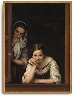 Roslynityフレーム入りキャンバスウォールアートヴィンテージプリント絵画 窓の女性2人 トイレ面白いポートレート トイレポスター クラシックユーモア レトロ 自宅 リビングルーム 浴室 壁の装飾(30.5cmx40.64cm)