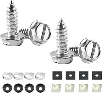 YALOK Anti Theft License Plate Screws Kits 4Sets Rustproof Stainless Steel Car Tag Plate Mounting Hardware, M6 (1/4") Tamper Proof Fastener Nut, Caps Cover for Front Rear Frame Holder (Slotted-Silver)