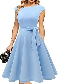Women Casual Dresses Swing Tea Dress Cocktail Vintage A-Line Midi Party Dress, Blue, XS