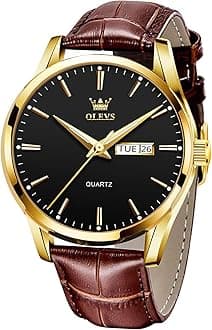 Watches for Men Brown Leather Gold Case Analog Quartz Fashion Business Dress Watch Day Date Luminous Waterproof Casual Male Wrist Watches