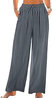 Casual Loose Fit Cotton Linen Pants for Women Wide Leg Lounge Trousers with Pockets Baggy Boho Palazzo Pant