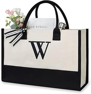 Personalized Initial Canvas Beach Bag, Monogrammed Gift Tote Bag for Women, W, Medium