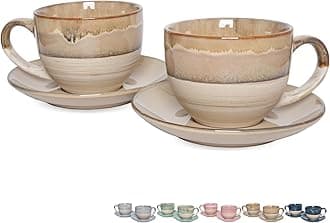 Ceramic Cappuccino Cup and Saucer Set of 2, 10 Oz, Coffee Cups for Latte, Espresso, Tea, Dishwasher and Microwave Safe, Reavtive Glaze (Brown Grey)