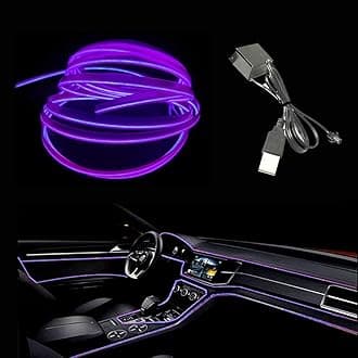 El Wire Purple Interior Car LED Strip Lights, 5M Neon Wire USB 5V with Fuse Protection for Automotive Interior Decoration, with 6mm Sewing Edge