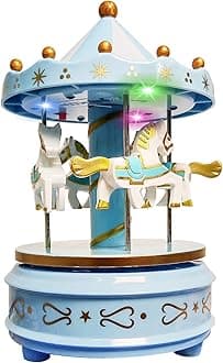 Carousel Music Box Blue – Rotating Horse Merry Go Round with LED Lights | Plays Beethoven’s Für Elise | Wind-Up Mechanical Toy | Cake Topper, Nursery Decor & Gift for Kids & Adults