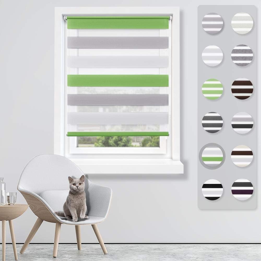 SBARTAR Zebra Double Roller Blinds, 65 x 150 Green-White-Grey Day Night Double Layer Roller Shades Filtering with Side Chain Easy Assembled without Drilling for Window