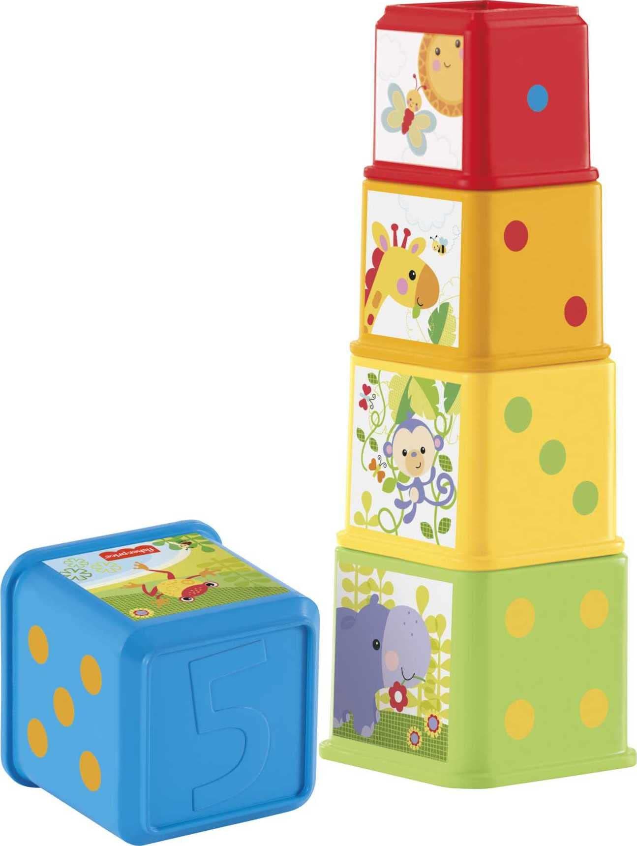 Fisher-Price Stack & Explore Blocks - 5 Dice with Structures, Figures, Numbers and Items for Stacking, Interlocking and Discovering, for Children from 6 Months, CDC52