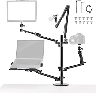 Overhead Camera Stand Desk Mount Rig with 4 Boom Arms for Photography Video Light Ring Light Phone Mount Webcam Mic Compact DSLR for Live Streaming Broadcast Online Teaching Meeting, DS007