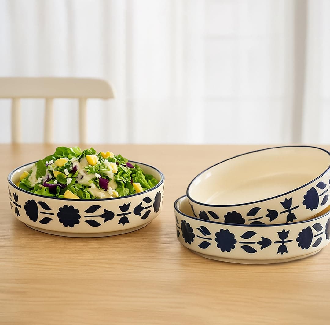 Ceramic Salad Bowl/Plate- Serving Snacks Ceramic Plates - Set of 3 Sizes (5.5 inch, 6.5 inch, 7.5 inch), Blue Flower Pattern, Flat Serving Plate | Best for Gifting