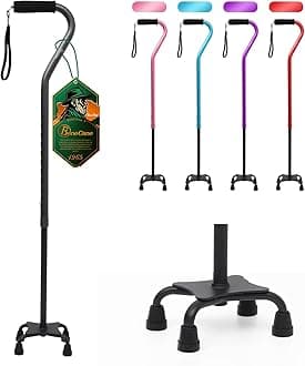 Quad Cane Adjustable Walking Cane with Offset Soft Cushioned Handle for Men & Women Lightweight Comfortable with 4-Pronged feet for Extra Stability