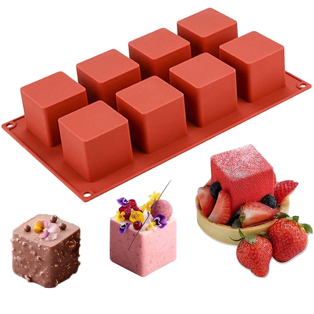 Cube Cake Silicone Mold | 2" x 2" x 2" 3D Square Mini Mousse Cake Baking Mold, French Dessert Molds for Chocolate, Jello, Brownie Bites, Ice Cream Cube, 8-Cavity