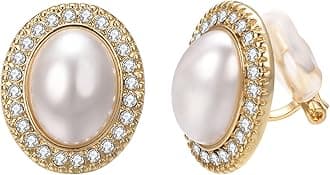 White Large Pearl Clip on Earrings for Women 18k Gold Plated Hypoallergenic Non Pierced Earrings Fashion Sparkly Jewelry